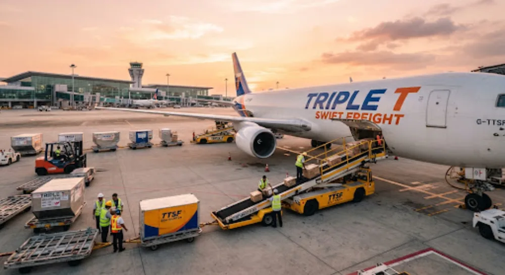 Cargo aircraft and freight containers at an airport